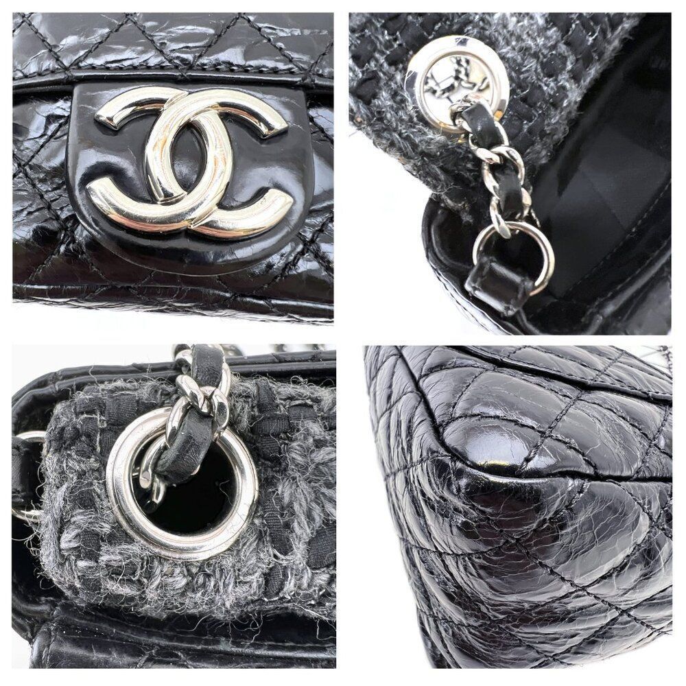 Chanel Crinkled Calfskin Leather and Tweed Classic Flap in Black - Picture 11 of 14